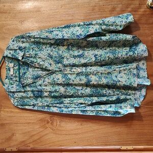 Westbound Split Neck Blouse Micro Dot Abstract Blue Green Gauzy Cotton Rayon 3X